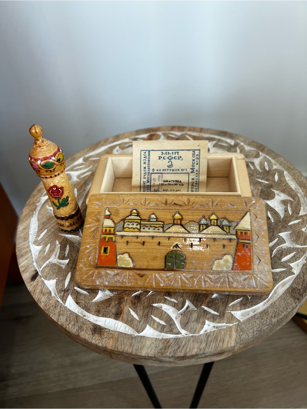 VTG Russian Hand Carved & Painted Wodeen Trinket Box with Salt Cellar